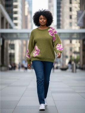 Olive Green Floral Crewneck Sweater with Pink Accents
